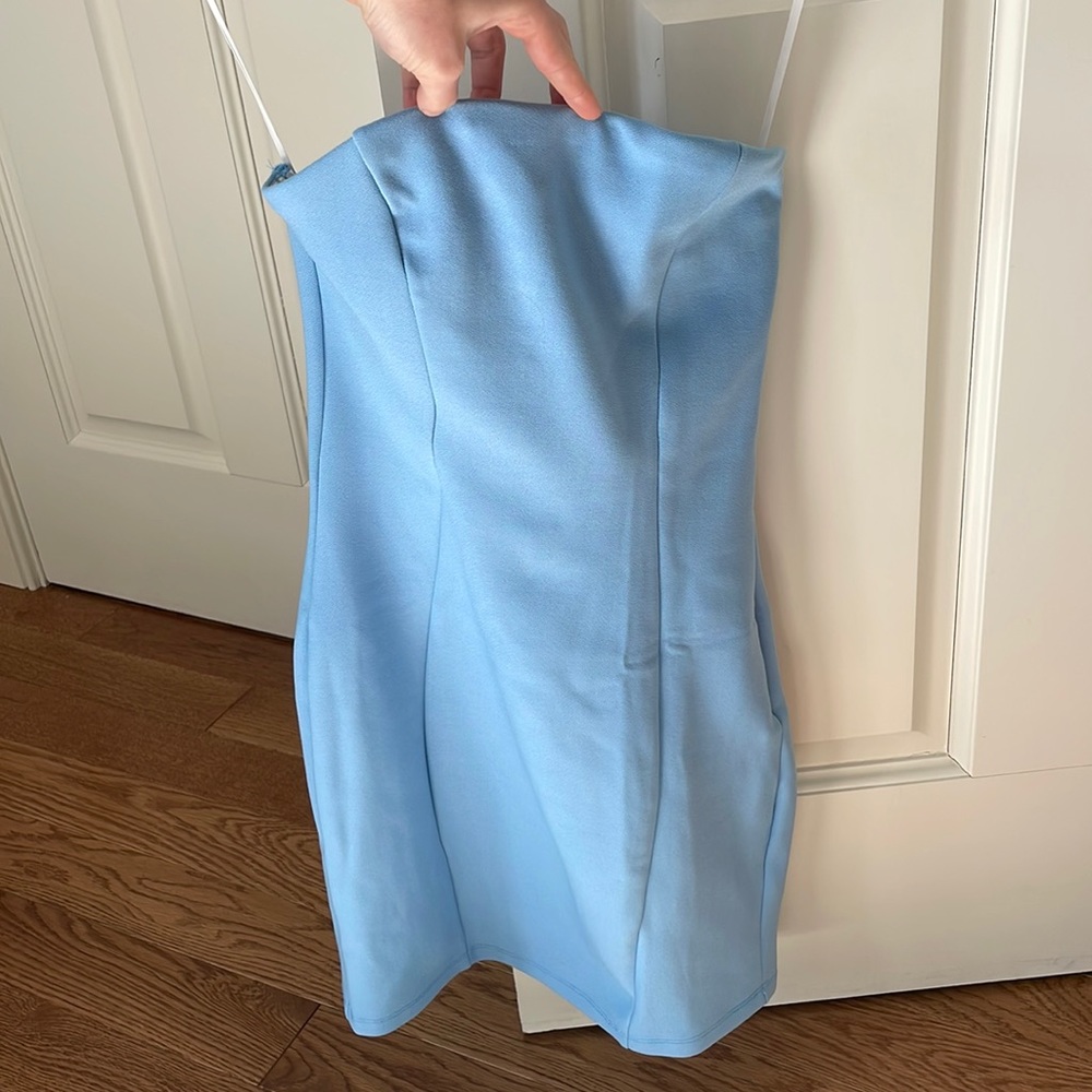 Blue strapless mini dress